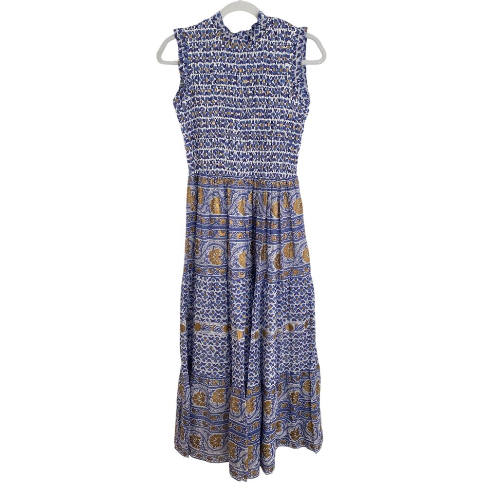 OLIPHANT Tuckernuck Sleeveless Smocked Maxi Dress Veranda Blue Gold Print NEW XS - Picture 6 of 12